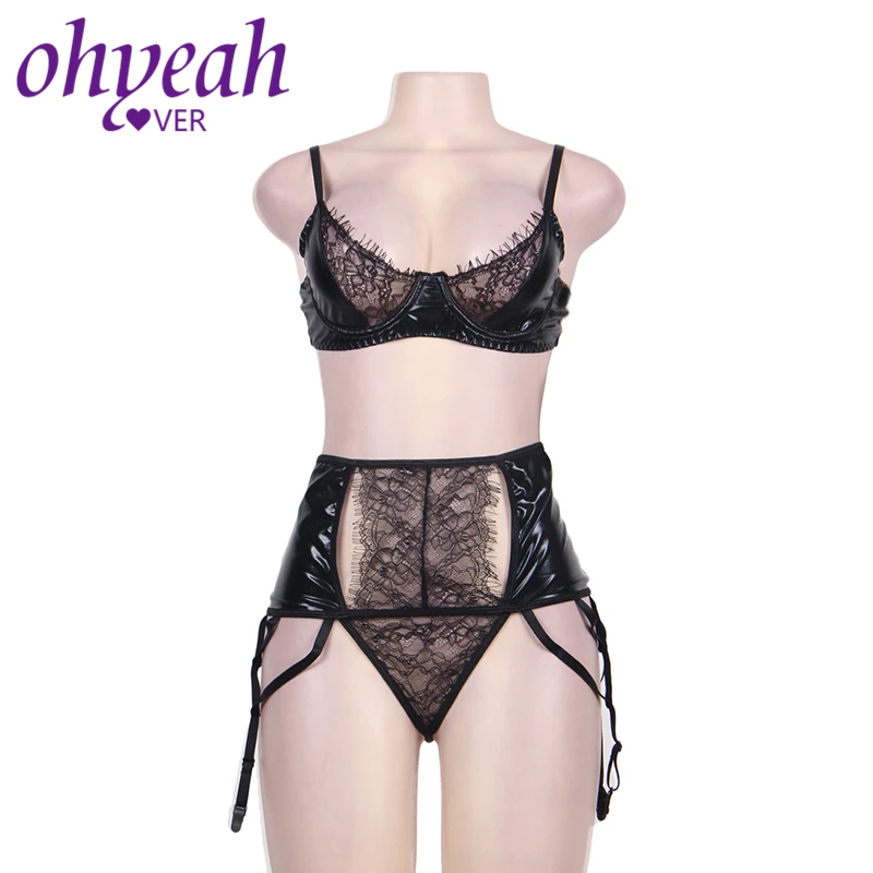 Комплект женского нижнего белья Ohyeahlover из кружева и латекса с подвязками RM80315|bra