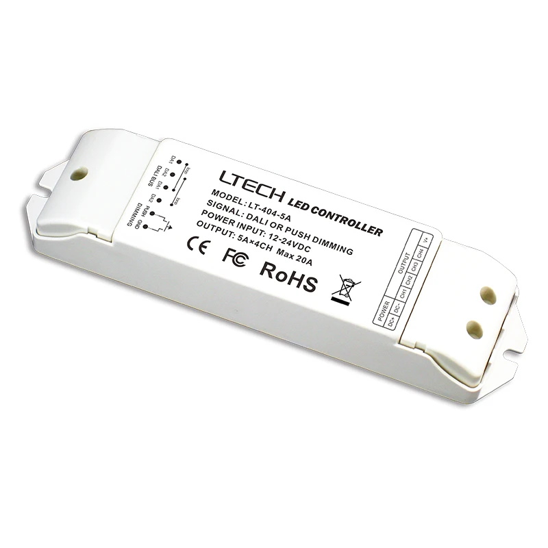 LTECH LT-404-5A DALI светодиодный затемняющий драйвер, DC12-24V вход; 5A * 4CH Max 20A выход; DALI/кнопочный сигнал вход480W