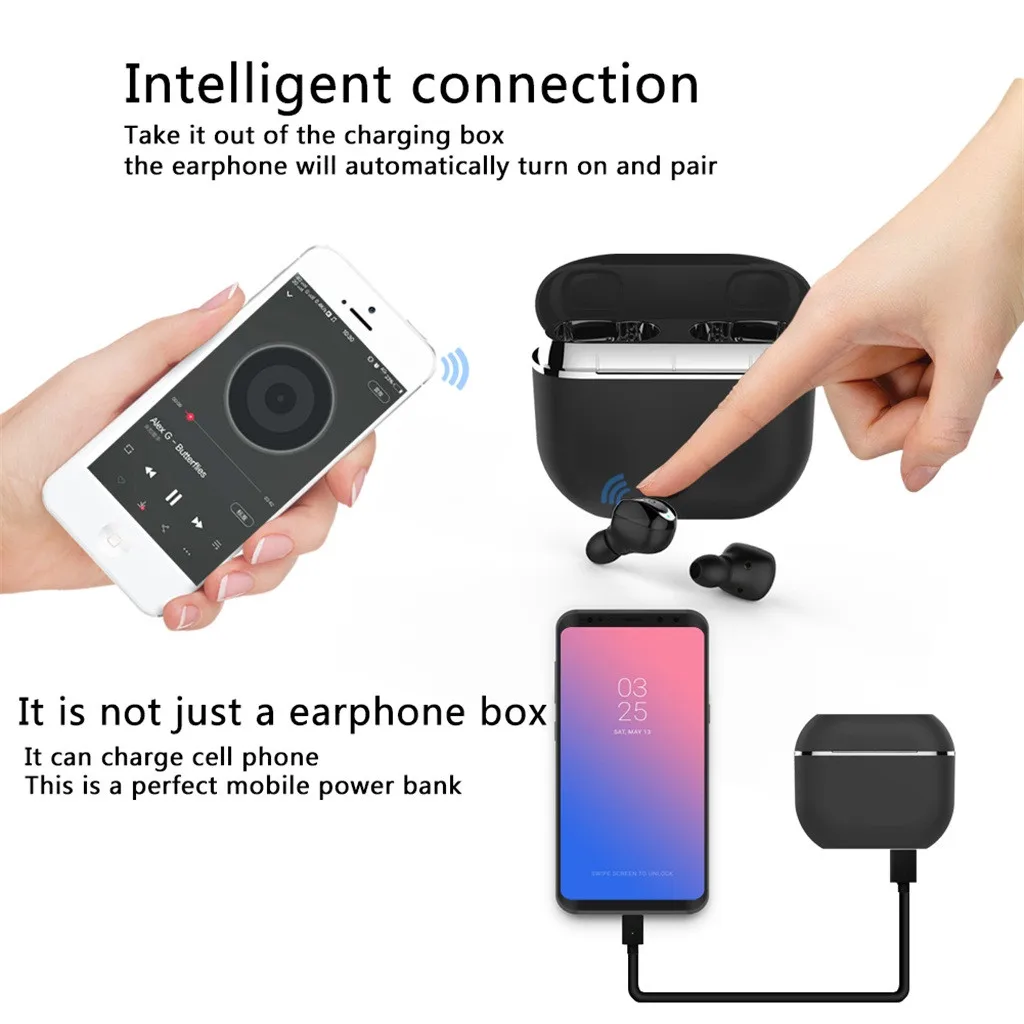 VOBERRY Mini Bluetooth 5.0 Sports Headset Wireless Waterproof IPX7 Headset Portable 1800 mAh Charging Box HD 719#2
