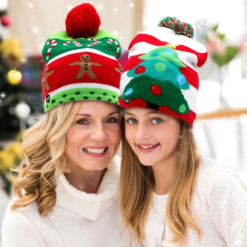 

Women Mans Family Christmas Cap Hat Knitting LED Light Lovely Fur Fluffy Ball Warm For Party New Year Winter Beanies Hat TT@88