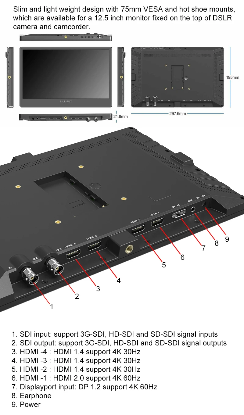 LILLIPUT A12 12," TFT светодиодный тонкий ips 4K Ultra HD разрешение на камеру поле 2160P монитор с HDMI SDI DP вход для DSLR камеры