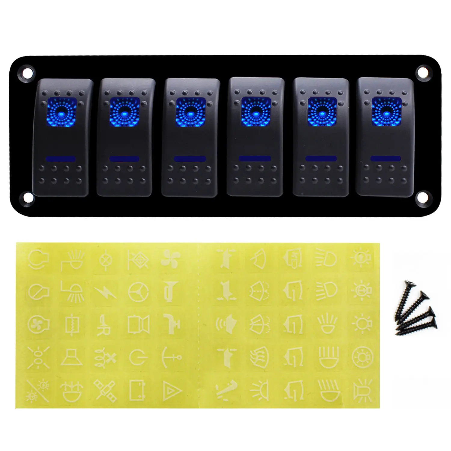 

6 Rocker Switch Panel with Blue LED Light Circuit Breaker for Marine/car Waterproof IP67 Black durable solid aluminum panel