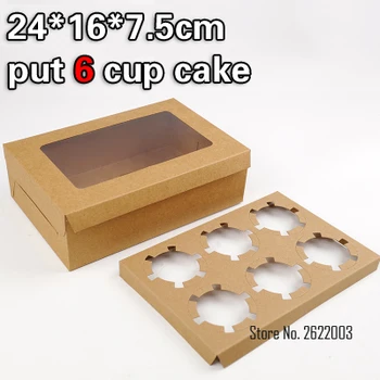 

24x16x7.5cm Brown 6 Cupcake paper box with windowValentine's Day Christmas Birthday Party Gifts Packaging Boxes 100Pcs/lot
