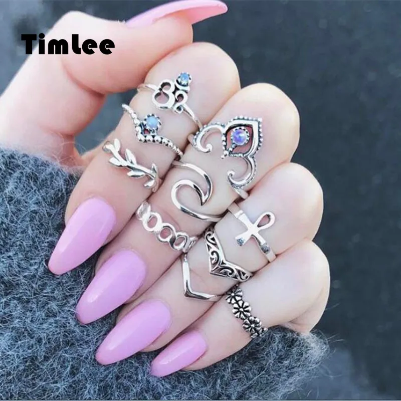 

Timlee R018 New Retro crystal Hollow Carved V Flower Finger Rings Set ,10pcs/set Fashion Jewelry Wholesale HY