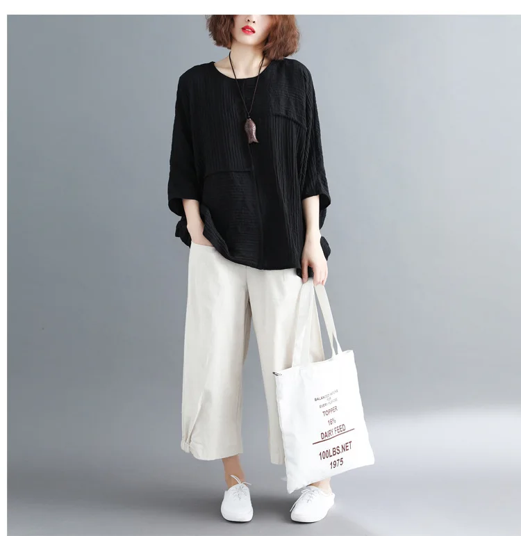  LZJN 2019 New Cotton Linen Soft Wide Leg Women Pants Elastic Waist Solid Color Summer Loose Trouser Plus Size Capris with Pocket (17)