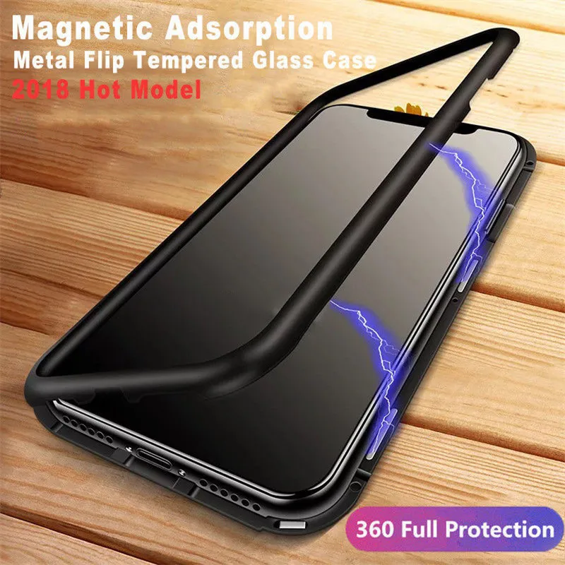 

Magnetic Adsorption Tempered Glass+Metal Bumpers Flip Case For iPhone 11 Pro Max XR XS MAX X 6 S 8 7 Plus For Samsung S8 S9 Plus