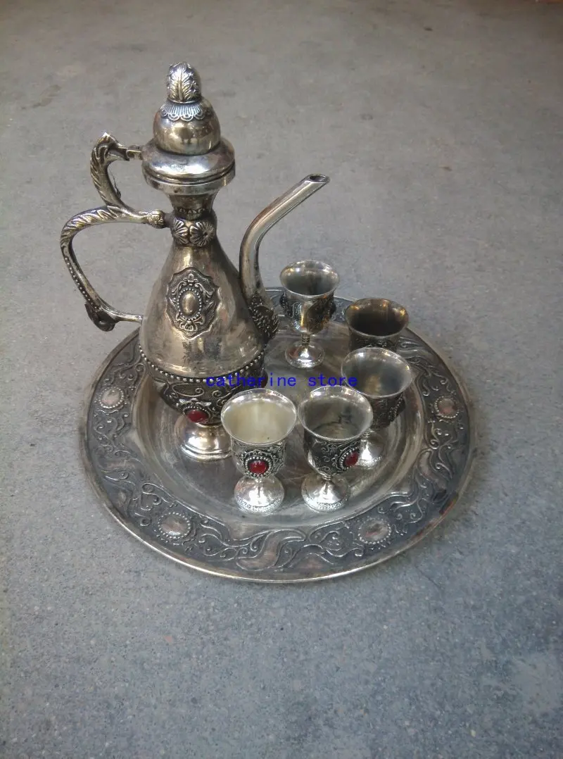 

Collectable Old Qing Dynasty Inlaid ruby silver flagon ,A set ,Carved,Free shipping
