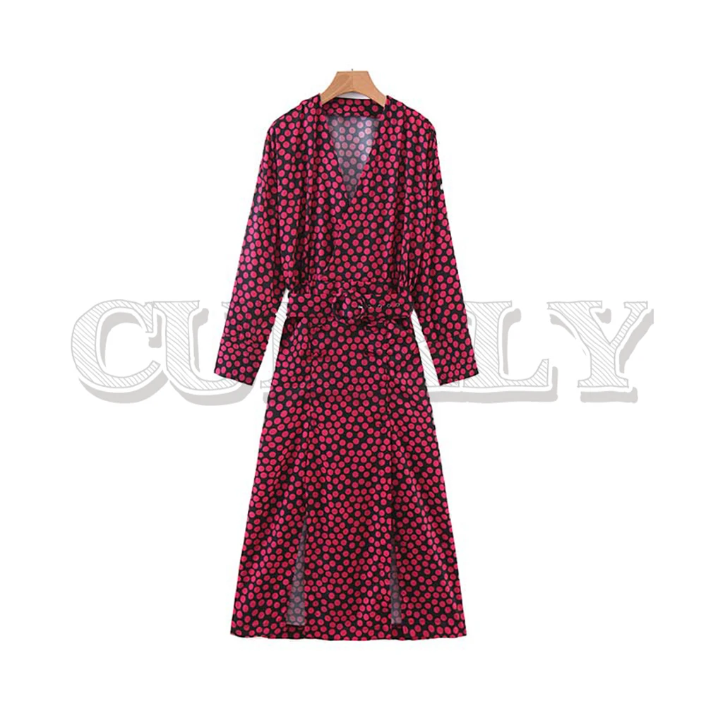 

CUERLY women vintage V neck dot print maxi dress bow tie sashes button decrorate long sleeve split dresses vestidos