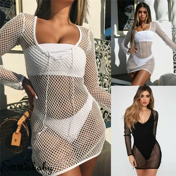 

2019 New Women Hollow Out Mesh Net Mini Sundress Summer Beach Bikini Cover Up Long Sleeve Swimwear Dress Bathing Suit