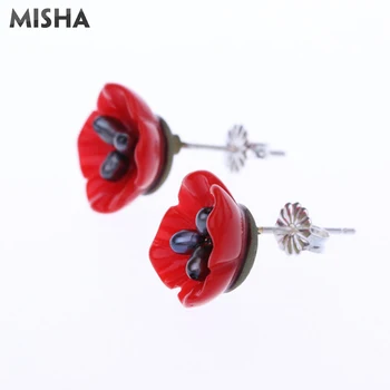 

MISHA Trendy Jewelry Earring For Women Red Colored Glaze Anti-allergy Handmade Flower Stud Earring High Quality Accessories 2180