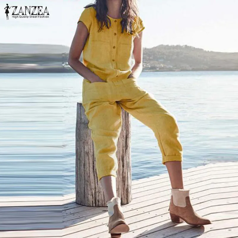 ZANZEA 2019 плюс размер льняной комбинезон женские комбинезоны женский пляжный костюм с короткими рукавами Элегантный женский прочный