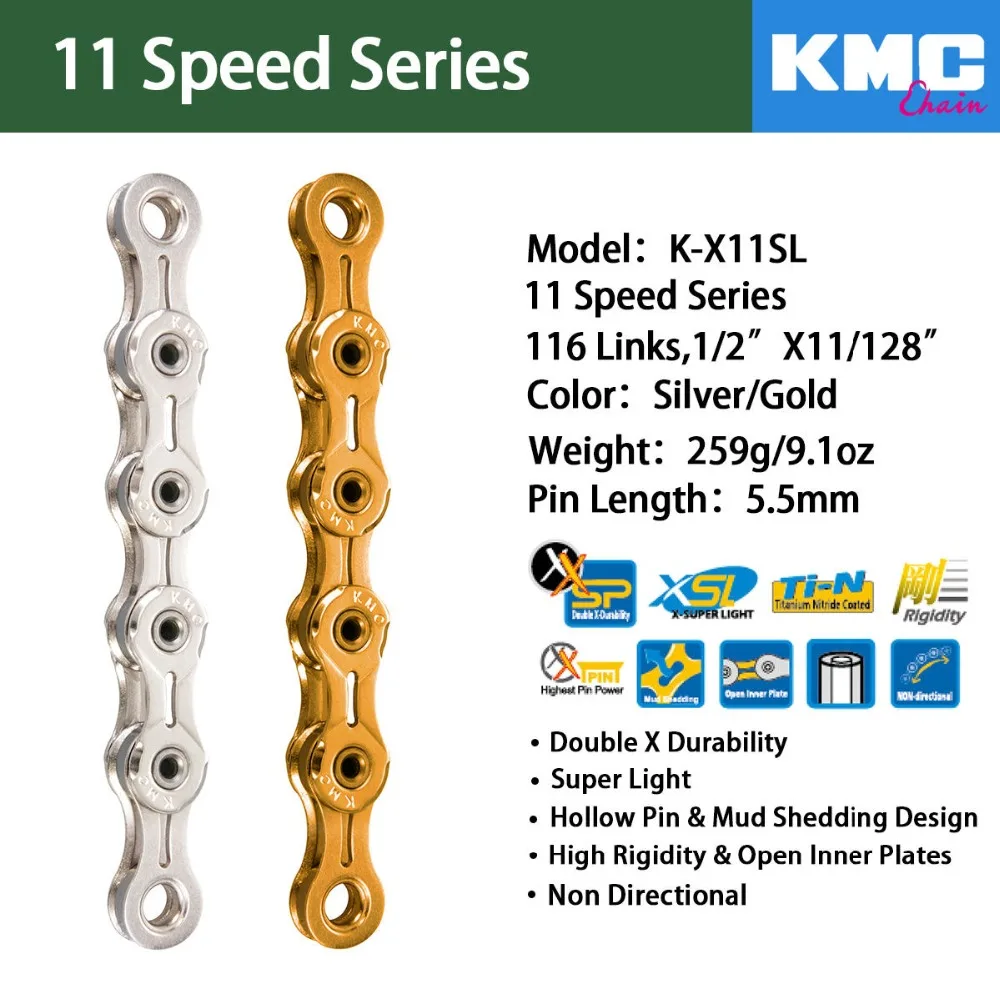 Sale KMC chain x11 x11L x11sl X11ept x11el x11.93 gold silver for MTB/Road Bike fo Shimano/SRAM 11 speed 116L /chain bike Full hollow 3