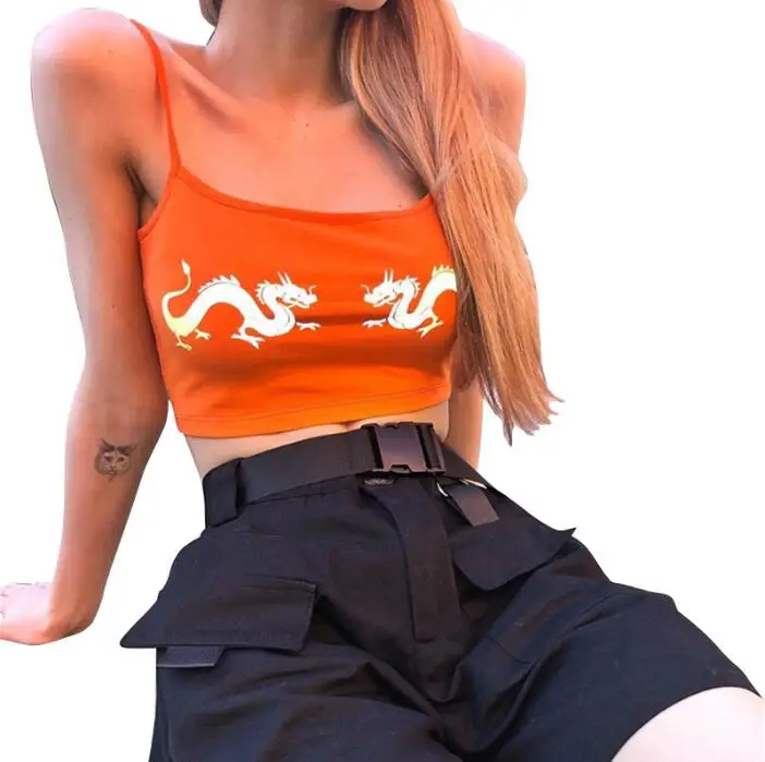 

Summer new Chinese dragon reflective printing strap short crop top women
