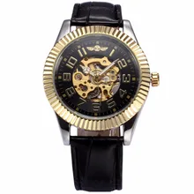WINNER Classic Mens Automatic Skeleton Golden Black Steampunk Leather Strap Mechanical Wrist Watches Relojes Hombre Gift /PMW247