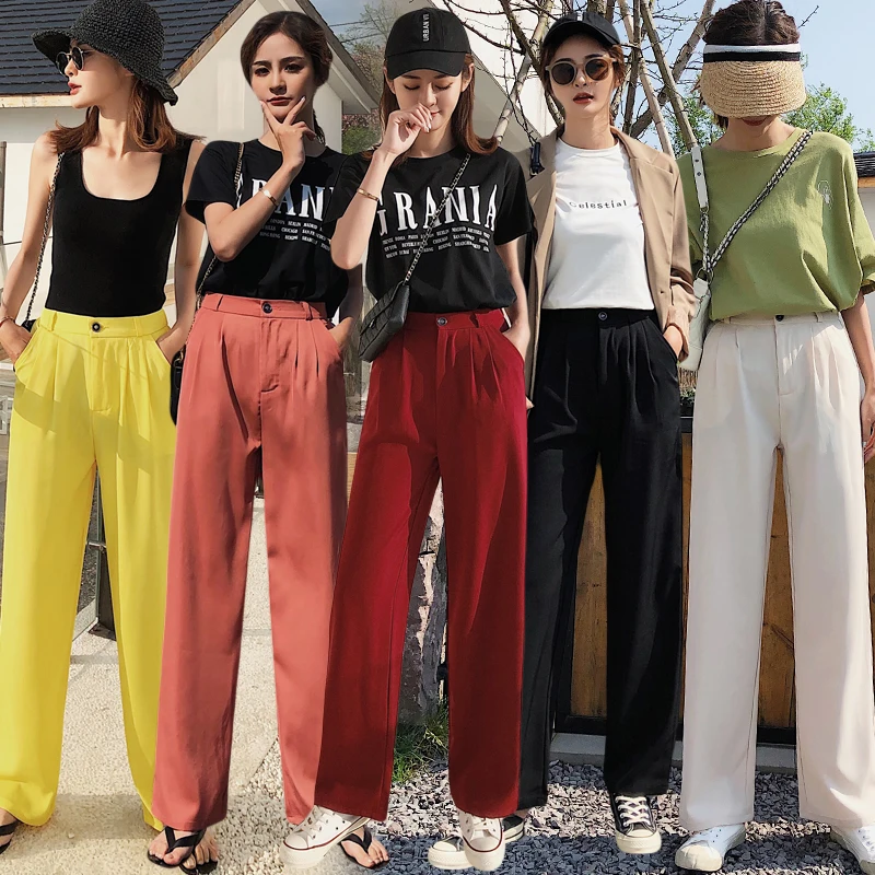

2019 Plus Size Women High Waist Pant Long Solid Suit Pants Female Wide Leg Pants Vintage Trouser Casual Loose Pantalon XS-XXL