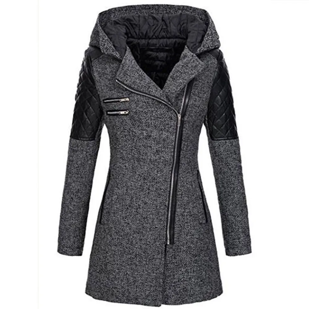 Automne Noir Slim Manteau Capuchon Femmes Patchwork Chaud Vêtements D'hiver vent Printemps Coupe Femelle À Manteaux Zipper Mode wIfISP