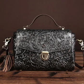 

Women Genuine Embossed Leather Vintage Tote Handbag With Tassel Female Shoulder Bags Crossbody Messenger Bags