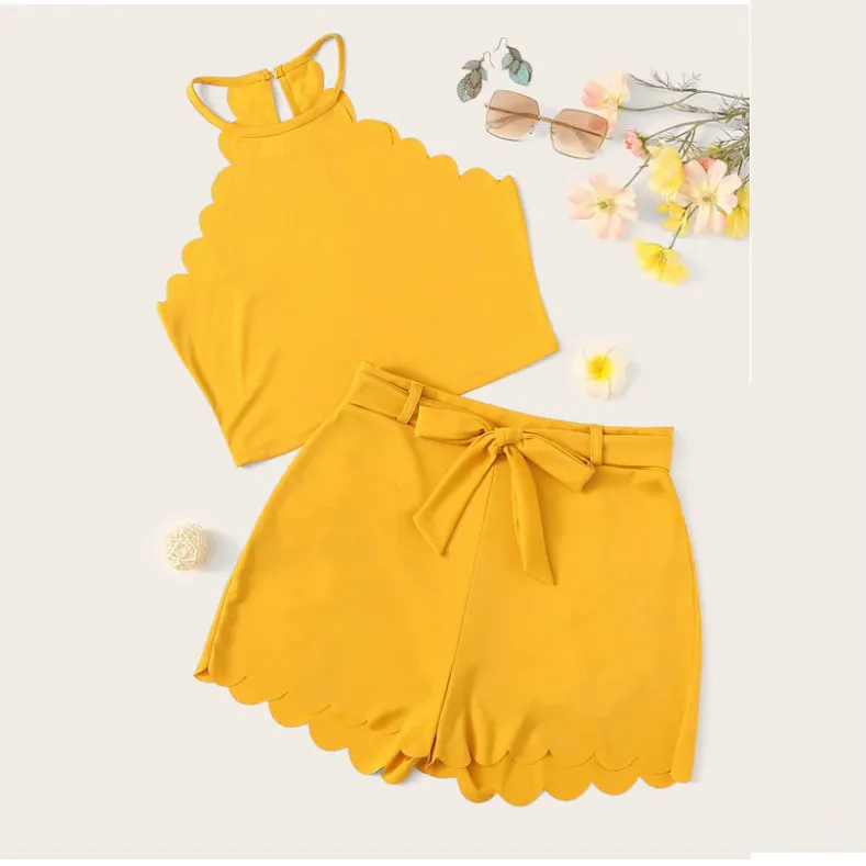 

Fashion two pieces set women clothing sexy Tank Up Blouse+Shorts New Summer Sleeveless Suits Beach Solid Casual Female Set 6.3