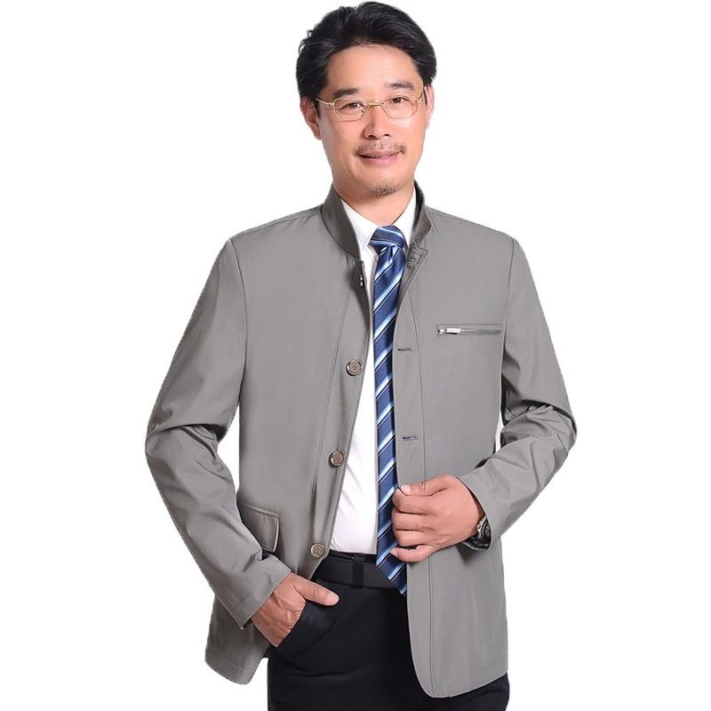 

WAEOLSA Middle Aged Men Jackets Blue Gray Basic Coats Mandarin Collar Outerwear Button Front Chaqueta Hombre Plus Size Coat 2019