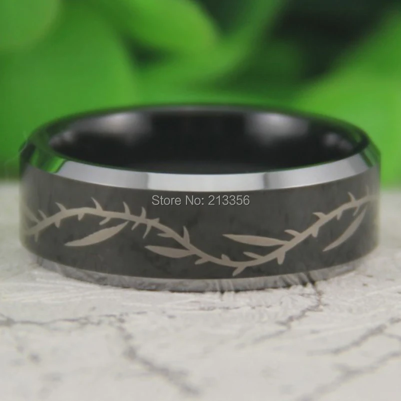 

Free Shipping!USA Hot Sales E&C TUNGSTEN LUXURY JEWELRY 8MM BLACK SILVER BEVEL THORNS DESIGN MEN'S LORD TUNGSTEN WEDDING RING
