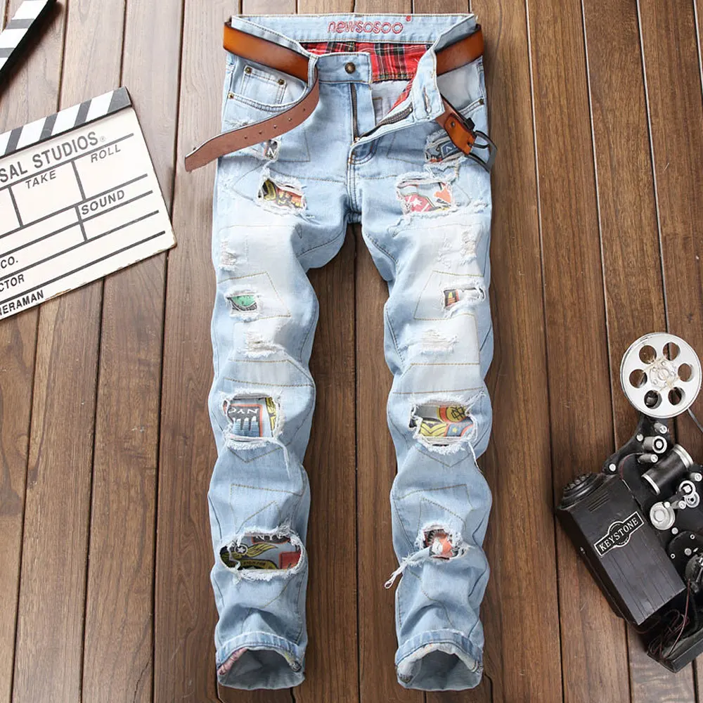 Men Jeans Stretch Destroyed Ripped Design Fashion Badge Patchwork Skinny Jeans For Man Slim Fit Biker Holes Cotton Denim Pants - Цвет: As the image