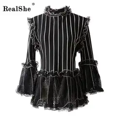RealShe 2019 для женщин рубашки для мальчиков Раффлед с длинным рукавом оборками полосатая блузка демисезонный Модные трикотажные то