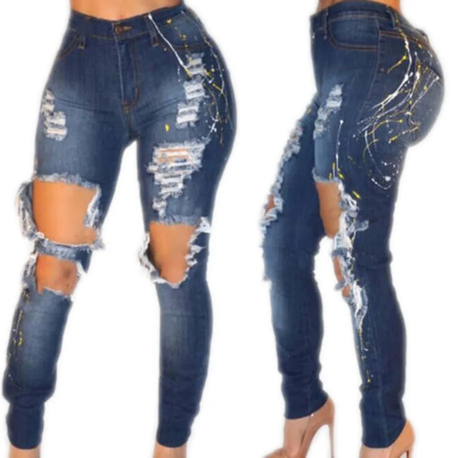 Мода 2017 г. Для женщин Дамы Высокая талия узкие обтягивающие джинсы стрейч узкие джинсовые штаны Летние Рваные джинсы для Для женщин Большие