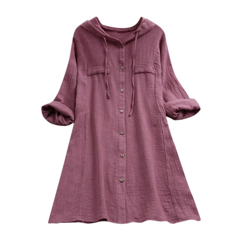 New Fashion Summer Women Brief Casual Daily Hooded Pocket Loose Blouse Button Plus Size Cotton T-Shirt Top #4F01  (8)