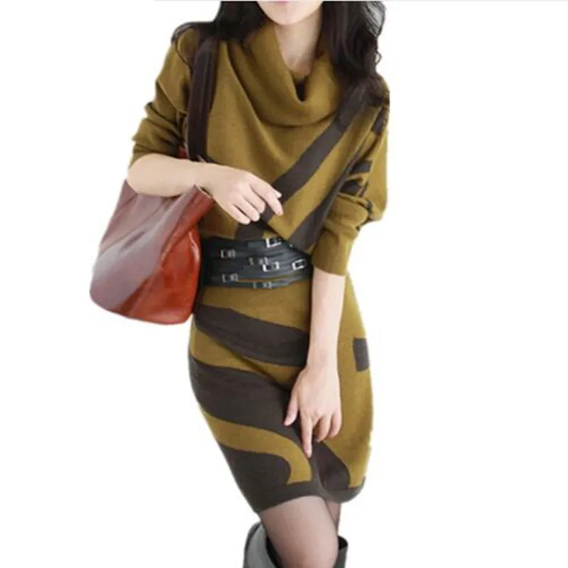 

Ladies Casual Turtleneck Long Knitted Sweater Dress Women Cotton Bodycon Mini Dress Pullover Female Autumn Winter Dress Vestidos
