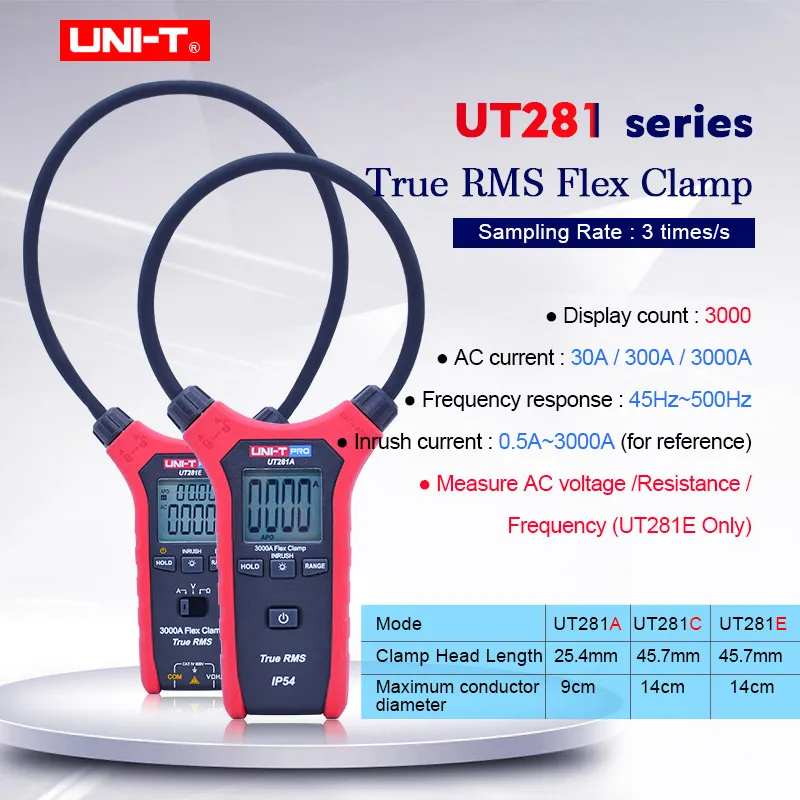 

Digital Flex Clamp Meter True RMS AC Clamp Voltage Current meter UNI-T UT281A/UT281C/UT281E Multimeter Resistance Frequency test