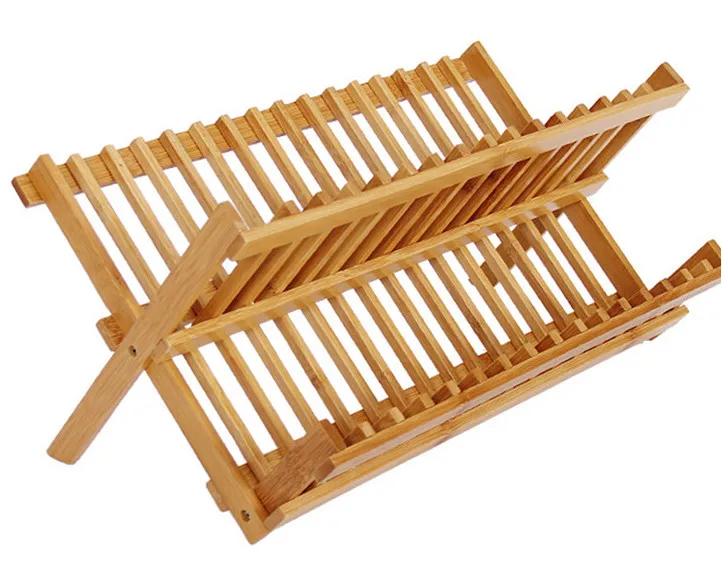 Collapsible Bamboo Drying Dish Rack 2 Tier Level Folding Dish Rack for Counter
