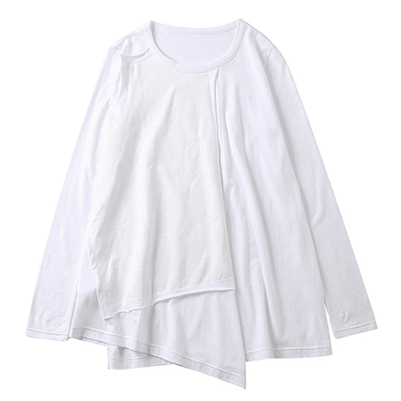 CHICEVER футболки для женщин с круглым вырезом и длинным рукавом Свободные Асимметричные белые топы женские футболки Весенняя модная повседневная одежда - Цвет: White T-shirts