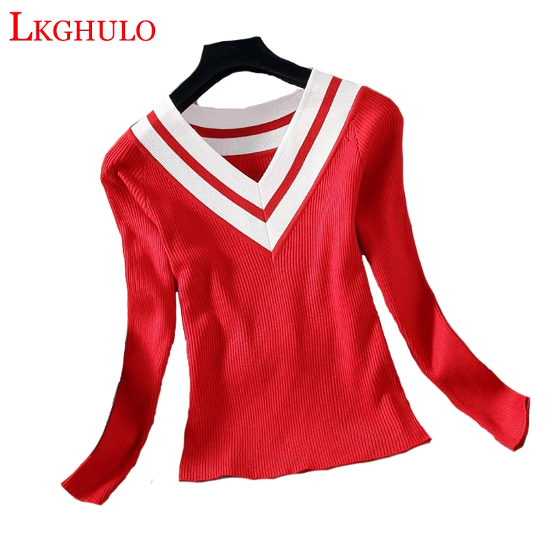 LKGHULO Spring Autumn Fashion Stripe V-Neck Long Sleeve Casual Knitted Women Sweater White Red Black Pullovers Jumpers A625 | Женская