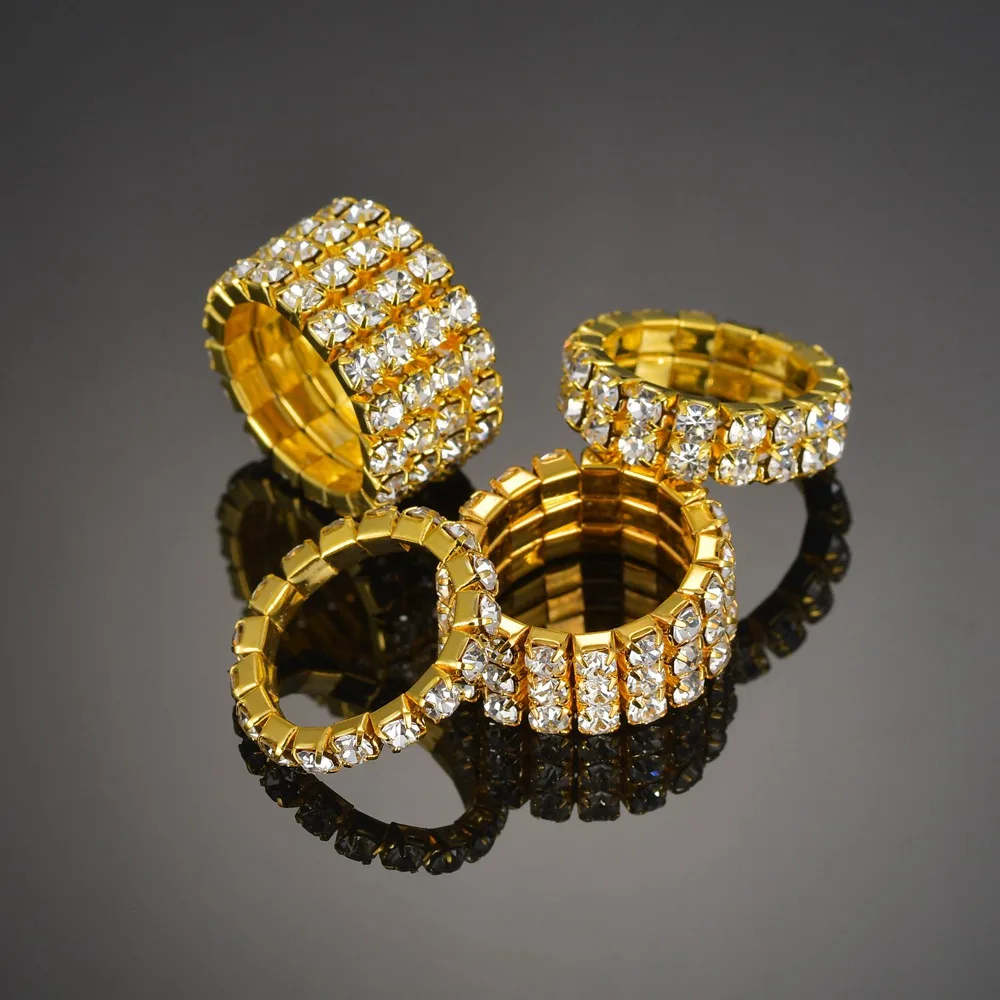 Растягивающиеся кольца золотого цвета для женщин, 1-5 рядов, свадебный браслет с кристаллами и стразами, милые вечерние кольца для девочек
