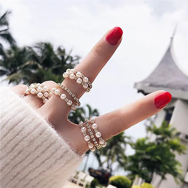 

MENGJIQIAO 2019 Korean New Multilayer Rhinestone Simulated Pearl Open Rings For Women Hands Jewelry Wedding Adjustable Ring Gift