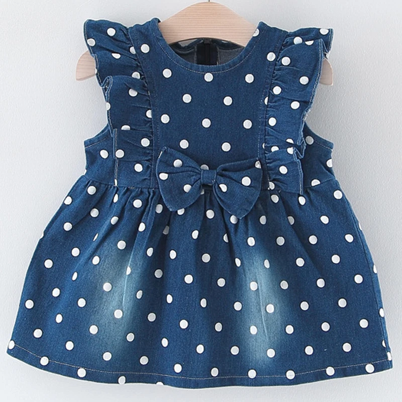 Girls Dresses 2019 Burst Models Children's Cute Polka Dot Bow Lace Collar Denim Pompon Dress Sweet Girl Clothing | Детская одежда и