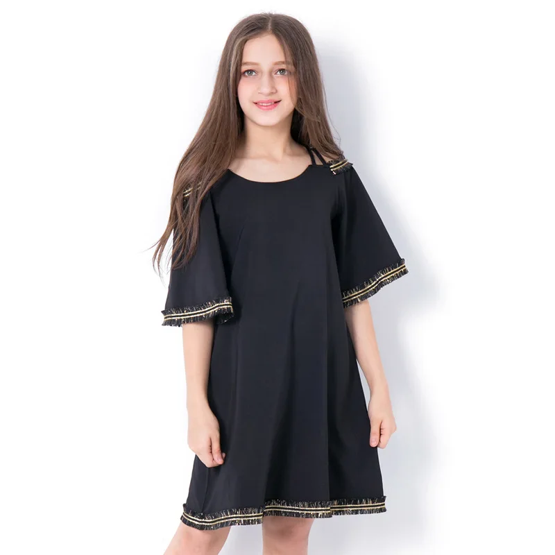 Платье для девочек 2018 черный детское платье принцессы подростков Блестки Свободные платья трапециевидной формы Shouderless воротник Труба