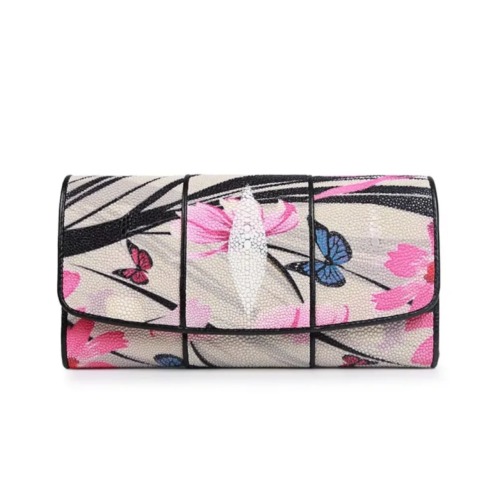 

Fashion Khiki Color Female Floral Wallet Genuine Stingray Skin Lady Card Purse Exotic Leather Women Large Clutches Phone Holder