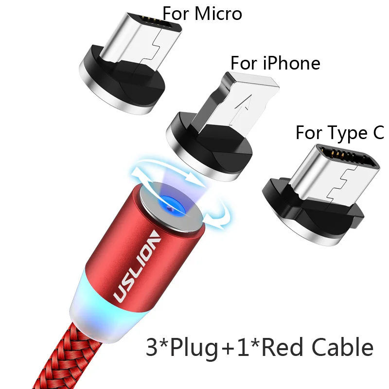 USLION 2 м Магнитный Micro USB кабель type C для iPhone XS Max X телефон зарядное устройство провод для samsung Xiaomi huawei P30 Pro Магнитный кабель - Цвет: 3Plug 1 Red Cable