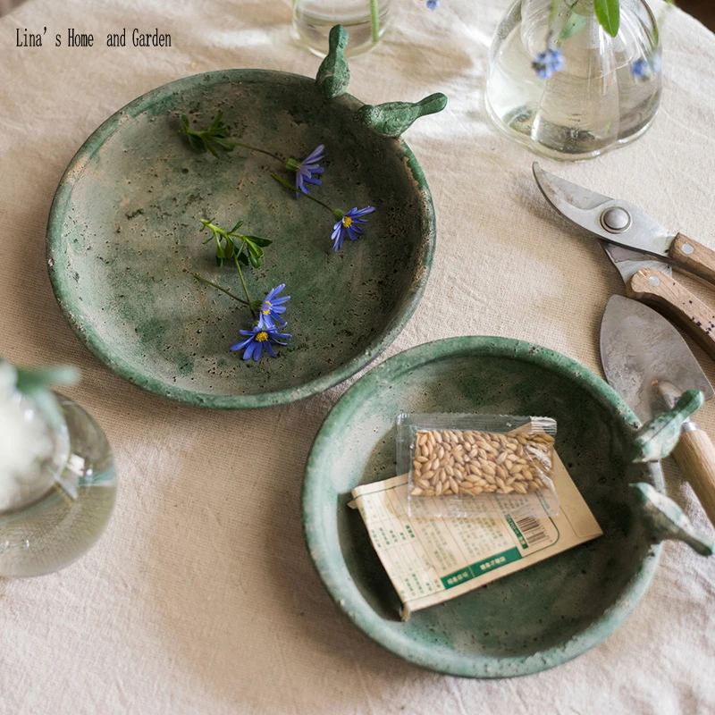 set 2 antique rustic handcrafted round metal tray bird feeder (8)