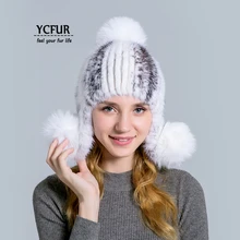 YC Fur шапки-бомберы для женщин шьют полосы норки меховые шапки головные уборы с ушками протектор лисий мех Poms шапочка шапка женская шапка зима