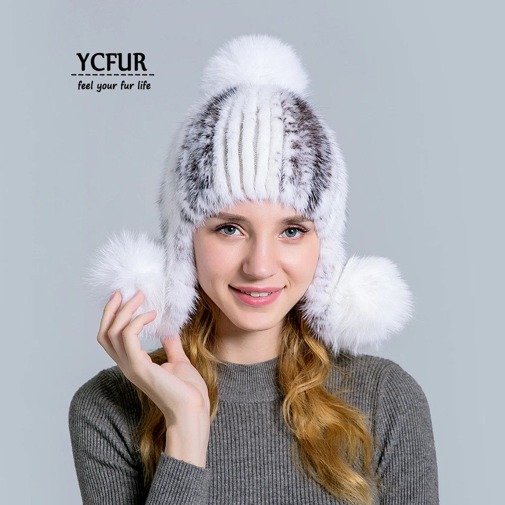 YCFUR Bomber Hats For Women Sew Stripes Mink Fur Hats Caps with Ears