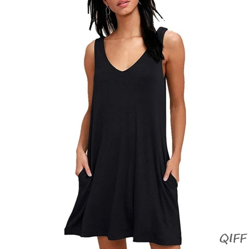 

Womens Summer Plus Size Sleeveless T-Shirt Tank Dress Plain Pleated Swing Cover Up Deep V-Neck Basic Beachwear With Pockets