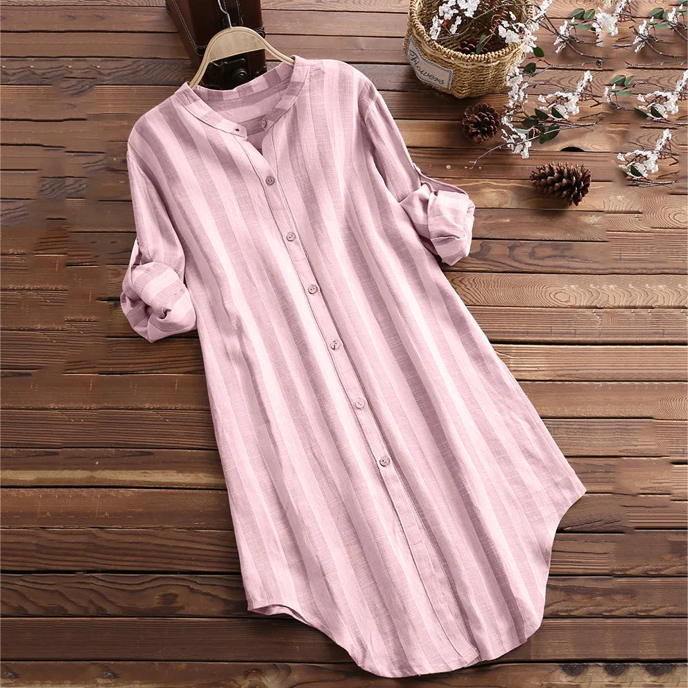 Страуса женские рубашки хлопок Кнопка Полосатый с длинным рукавом размера плюс хаки Свободные Элегантные благородные Простые Летние блузки рубашки - Цвет: Розовый