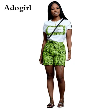 

Adogirl Snake Print Casual Two Piece Set O Neck Short Sleeve T-Shirt+ Bow Tie Waist Shorts Fashion Woman Tracksuit Plus Size XXL