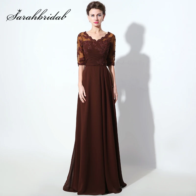 

Elegant Half Sleeves Mother of the Bride Dresses A-Line 2017 Brown V-Neck Beading Lace Women Formal Evening Party Gowns SD336