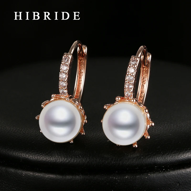 

HIBRIDE Luxury Women Wedding Imitation Pearl Earring Clear CZ Stone White/Rose Gold Color Hoop Earrings E-19