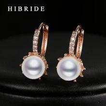 HIBRIDE Luxury Women Wedding Imitation Pearl Earring Clear CZ Stone White/Rose Gold Color Hoop Earrings E-19