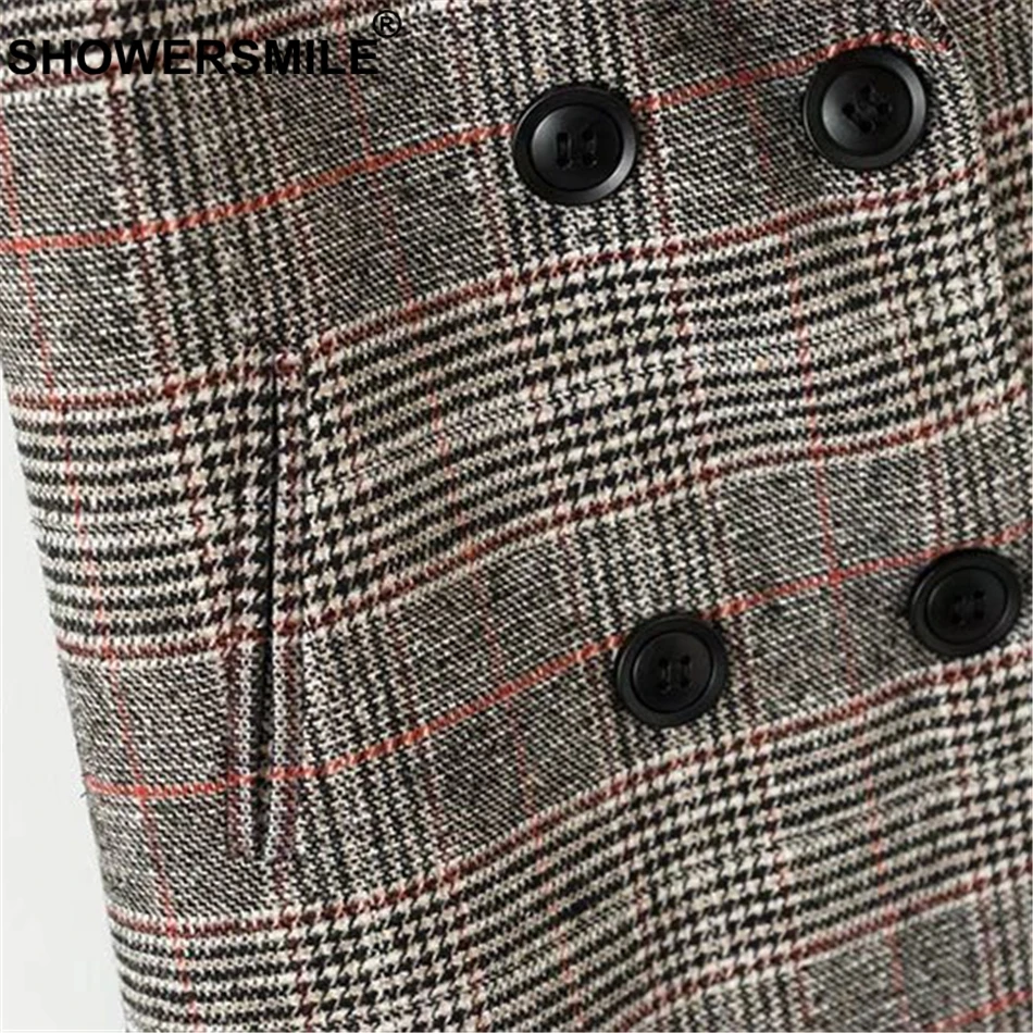 SHOWERSMILE Women Plaid Vests Long Waistcoat Checkered Jacket England Style Sleeveless Blazer Autumn Female Double Breasted Coat