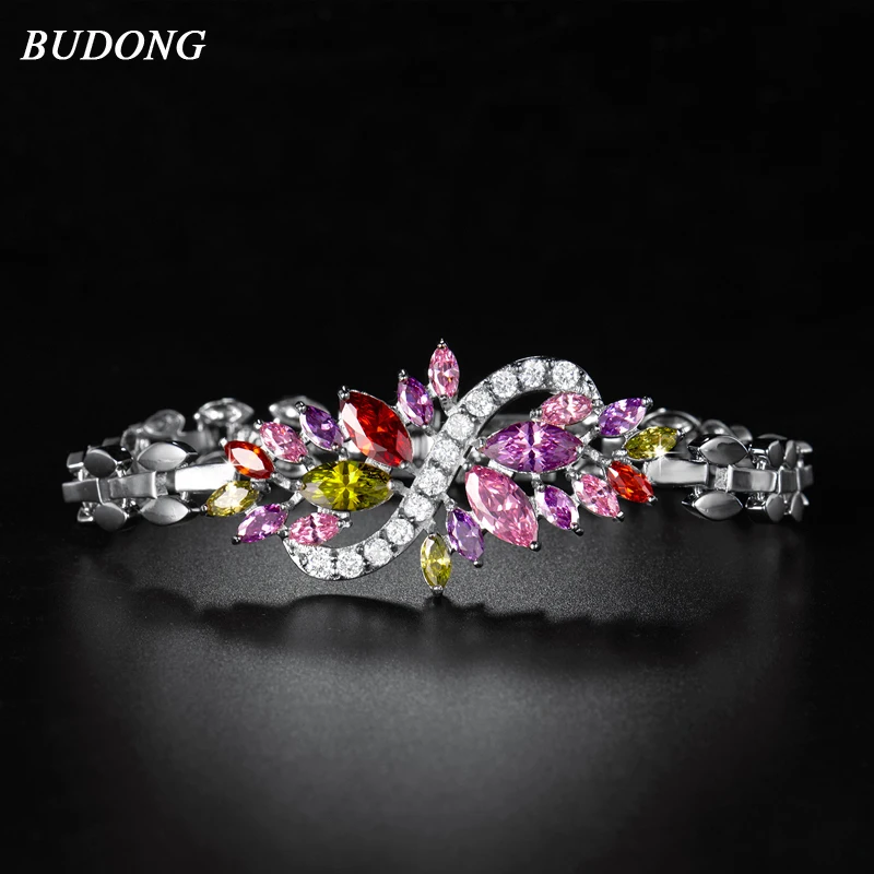 

BUDONG 19cm Infinity Bracelet for Women Silver color Chain Link Bracelet Colored Crystal Cubic Zirconia Wedding Jewelry xuL117